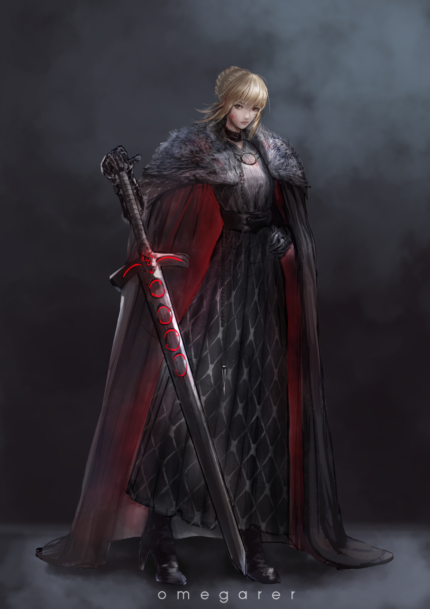 1girl absurdres artist_name artoria_pendragon_(fate) bangs black_background black_cape black_dress black_footwear blonde_hair blood blood_on_face blunt_bangs boots braid braided_bun brown_eyes cape chain choker commentary dress english_commentary excalibur_morgan_(fate) fate_(series) floating_hair frown full_body game_of_thrones gauntlets hair_bun hand_on_hilt hand_on_hip high_heel_boots high_heels highres long_sleeves o-ring omegarer parody pelt saber_alter sidelocks solo standing tied_hair two-sided_cape two-sided_fabric updo