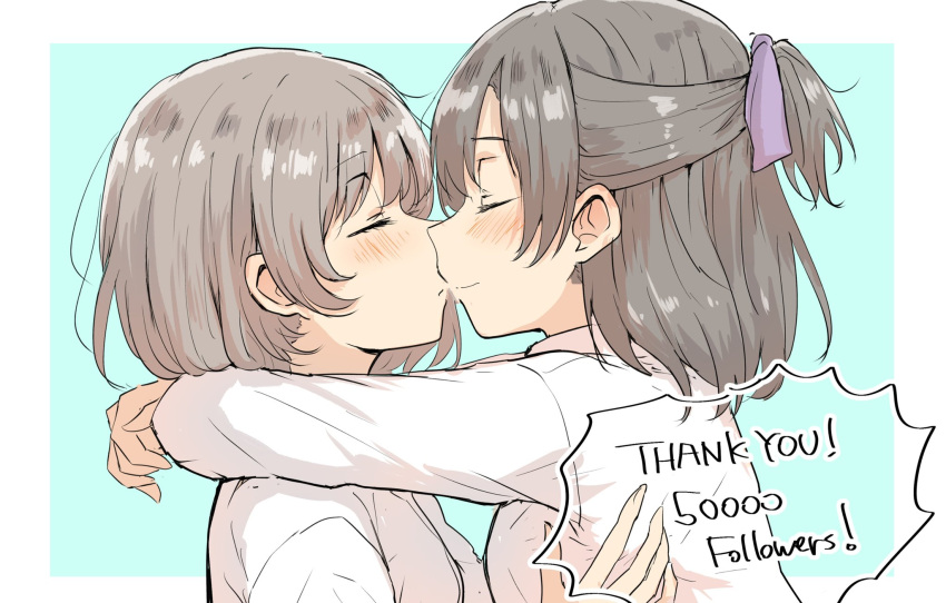 2girls betock blue_background blush brown_hair closed_eyes commentary_request eyebrows_visible_through_hair hair_ribbon highres kiss long_sleeves multiple_girls original purple_ribbon ribbon shirt short_hair thank_you two-tone_background upper_body white_background white_shirt yuri