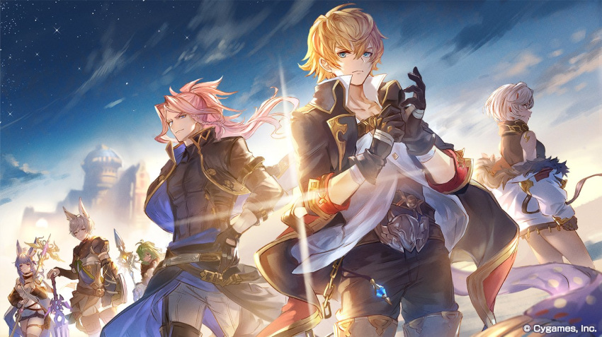 3boys 3girls adjusting_clothes adjusting_gloves animal_ears backlighting bandaged_arm bandages bangs belt black_gloves black_jacket black_pants blonde_hair braid chain clothes_around_waist clouds commentary_request company_name cropped_jacket dark-skinned_female dark_skin diffraction_spikes erune feather_(granblue_fantasy) fiorito_(granblue_fantasy) frown fur-trimmed_jacket fur_trim gloves granblue_fantasy green_eyes green_hair hand_on_hip holding holding_staff jacket kolulu_(granblue_fantasy) long_hair looking_at_viewer multiple_boys multiple_girls observatory off_shoulder official_art outdoors pants parted_bangs pink_hair polearm ponytail popped_collar purple_hair randall_(granblue_fantasy) shirt short_hair sideways_glance smile spear staff star_(sky) sword tikoh troue_(granblue_fantasy) turtleneck weapon white_hair white_jacket white_shirt