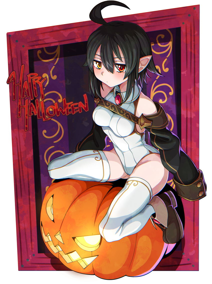 1girl absurdres ahoge bangs black_footwear black_hair black_jacket brooch closed_mouth collared_leotard commentary_request english_text frown glaring halloween happy_halloween heterochromia highres jack-o'-lantern jacket jewelry leotard long_hair looking_at_viewer mioshi_(vixis340) original pointy_ears red_eyes shoes short_hair shrug_(clothing) sidelocks sitting solo thigh-highs white_legwear white_leotard yellow_eyes