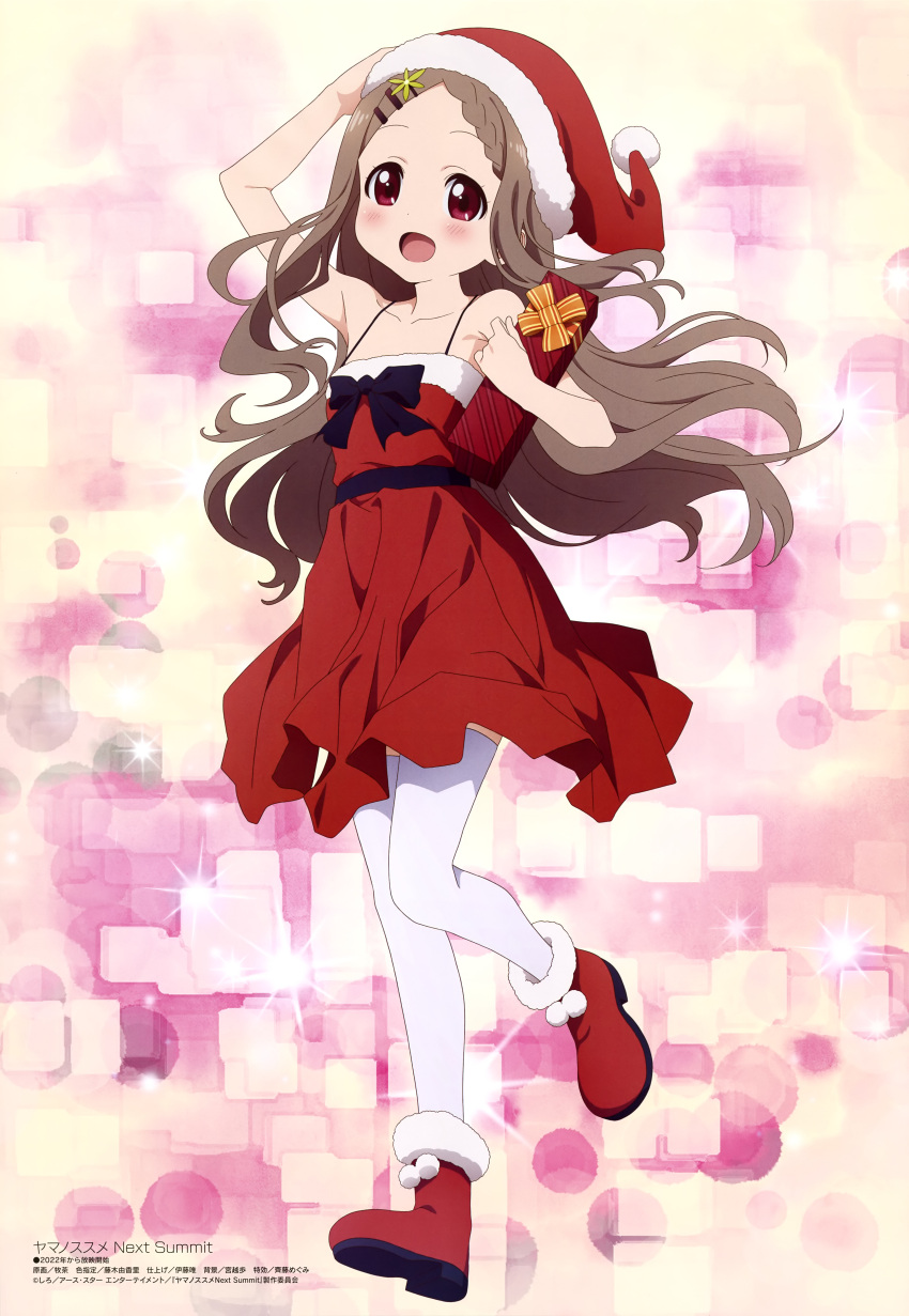1girl :d absurdres aoba_kokona bare_arms boots box braid brown_hair collarbone dress flower full_body gift gift_box hair_flower hair_ornament hairclip hand_on_headwear hat highres holding holding_gift long_hair looking_at_viewer megami_magazine official_art open_mouth red_dress red_eyes red_footwear santa_costume santa_dress santa_hat scan smile solo standing white_legwear yama_no_susume