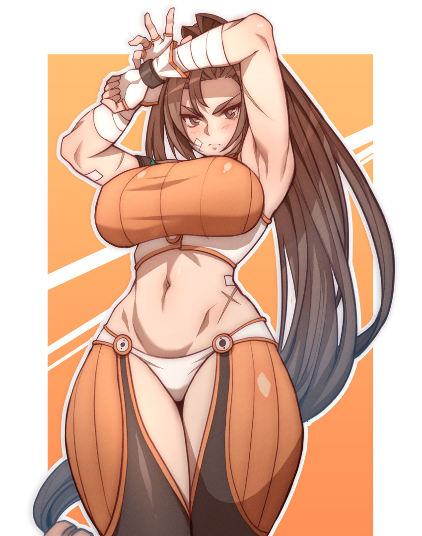 1girl armpits arms_up bandages bangs blush breasts brown_eyes brown_hair carcass_(artist) curvy dungeon_and_fighter fighter fighter_(dungeon_and_fighter) fingerless_gloves frown gloves highres large_breasts long_hair looking_at_viewer looking_down low-tied_long_hair midriff muscular muscular_female ponytail pose scar serious solo sportswear swept_bangs thick_thighs thighs tied_hair toned wide_hips