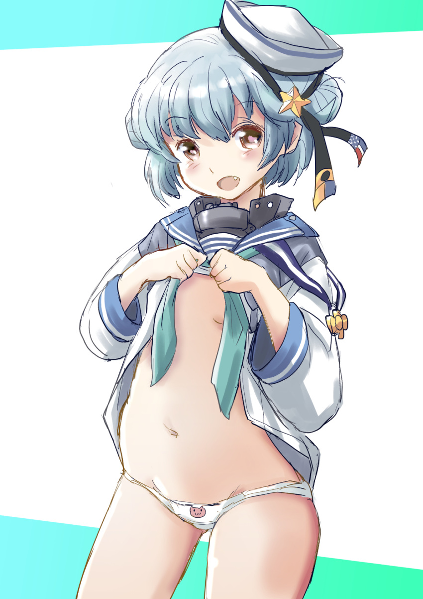 1girl aqua_neckerchief black_ribbon blue_hair blue_sailor_collar breasts commentary_request contrapposto cowboy_shot dixie_cup_hat double_bun fuji_(pixiv24804665) hat hat_ribbon highres kantai_collection long_sleeves lowleg lowleg_panties military_hat navy_cross neckerchief open_clothes open_shirt panties ribbon sailor_collar samuel_b._roberts_(kancolle) school_uniform serafuku shirt short_hair sleeve_cuffs small_breasts solo standing underwear white_headwear white_panties white_shirt yellow_eyes