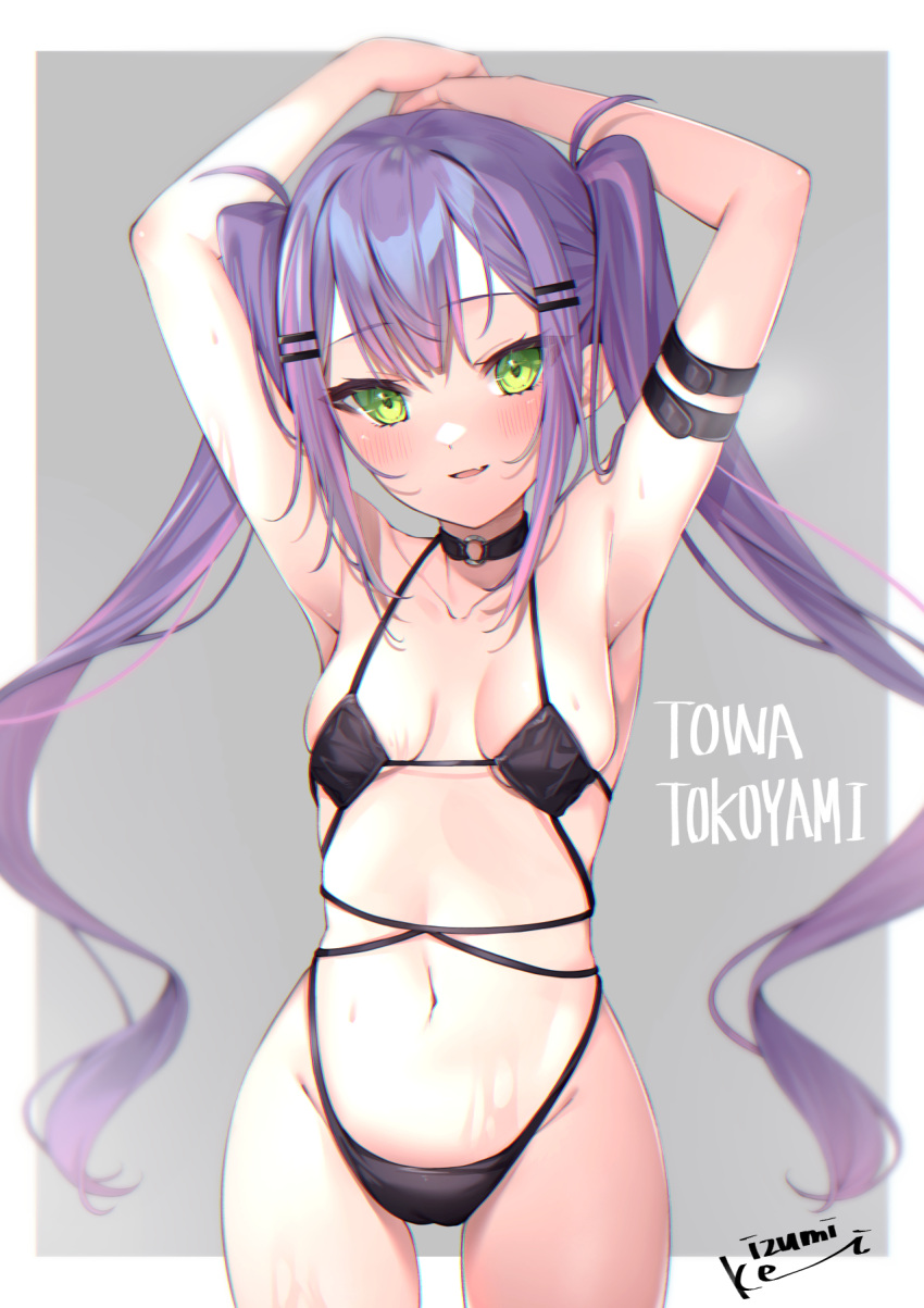 1girl arm_strap arms_behind_head arms_up bangs bare_arms bikini black_bikini black_choker blush breasts character_name choker commentary_request cowboy_shot eyebrows_visible_through_hair fang green_eyes hair_ornament hairclip highres hololive izumi_kei long_hair looking_at_viewer medium_breasts multicolored_hair navel parted_lips pink_hair purple_hair signature skin_fang smile solo standing stomach streaked_hair swimsuit tokoyami_towa twintails very_long_hair virtual_youtuber wet