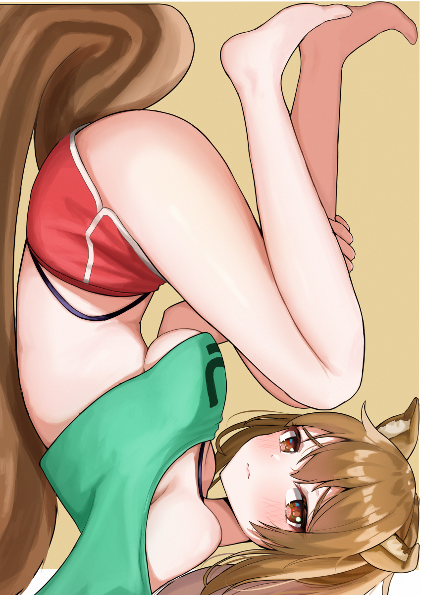 1girl 3: absurdres animal_ears artist_request ass bare_shoulders barefoot bikini bikini_under_clothes breasts brown_eyes brown_hair closed_mouth commission crop_top dolphin_shorts frown green_shirt halterneck highleg highres long_hair looking_at_viewer medium_breasts midriff off-shoulder_shirt off_shoulder original red_shorts revealing_clothes second-party_source shirt short_shorts shorts simple_background solo squirrel_ears squirrel_girl squirrel_tail string_bikini swimsuit tail thighs under_boob upside-down
