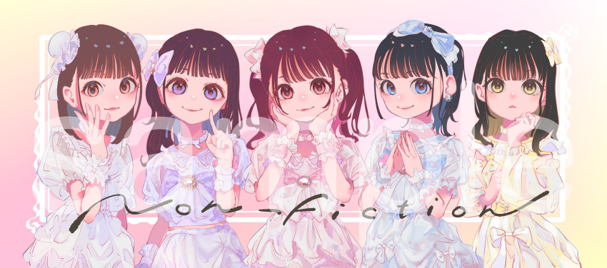 5girls bangs black_hair blue_bow blue_eyes bow bun_cover choker double_bun hair_bow hand_up hands_up highres index_finger_raised long_hair looking_at_viewer multiple_girls original pink_eyes puffy_short_sleeves puffy_sleeves purple_bow red_eyes ritao_kamo sample short_sleeves smile upper_body violet_eyes yellow_bow yellow_eyes