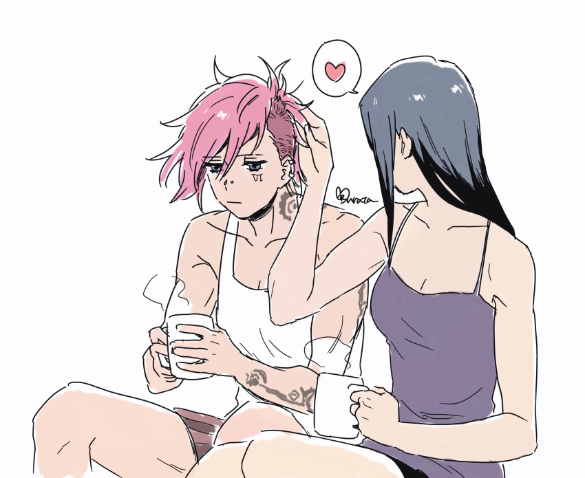 2girls arcane:_league_of_legends arm_tattoo black_hair caitlyn_(league_of_legends) coffee_mug collarbone cup facial_tattoo hand_on_another's_head highres league_of_legends looking_at_another messy_hair mug multiple_girls murata_(igaratara) nose_piercing piercing pink_hair simple_background steam tank_top tattoo tomboy vi_(league_of_legends) yuri