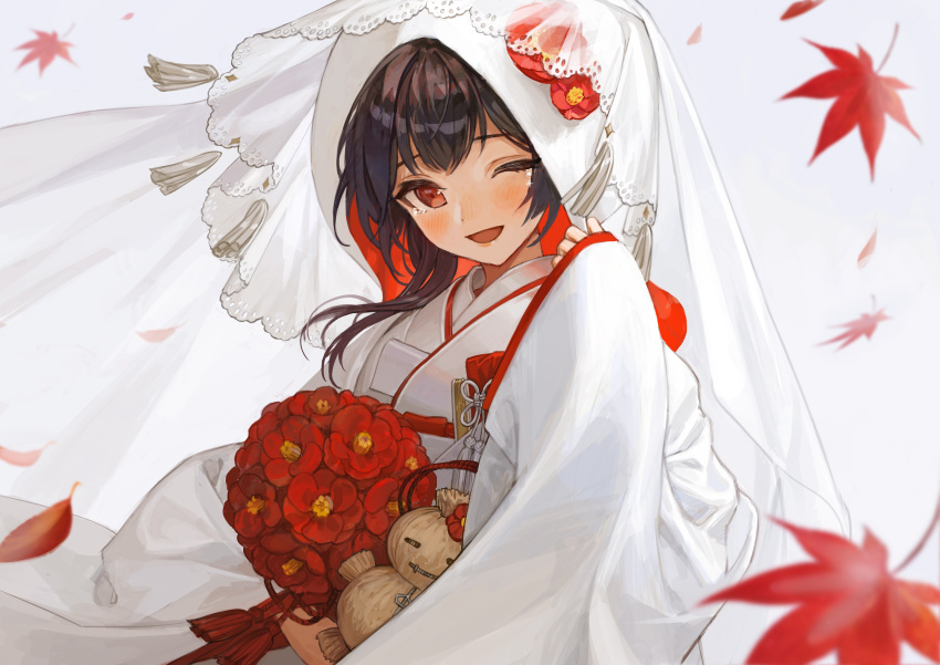 1girl ;d absurdres asymmetrical_hair autumn_leaves bangs black_hair blush bouquet closed_fan doll flower folding_fan hand_fan happy highres holding holding_bouquet hood idolmaster idolmaster_shiny_colors japanese_clothes kimono lace-trimmed_veil lace_trim leaf long_sleeves looking_at_viewer maple_leaf morino_rinze one_eye_closed red_eyes red_flower saber_beam sidelocks simple_background sleeves_past_wrists smile solo straw_doll tassel tears tsunokakushi two-sided_fabric uchikake upper_body veil white_background white_kimono wide_sleeves wind window