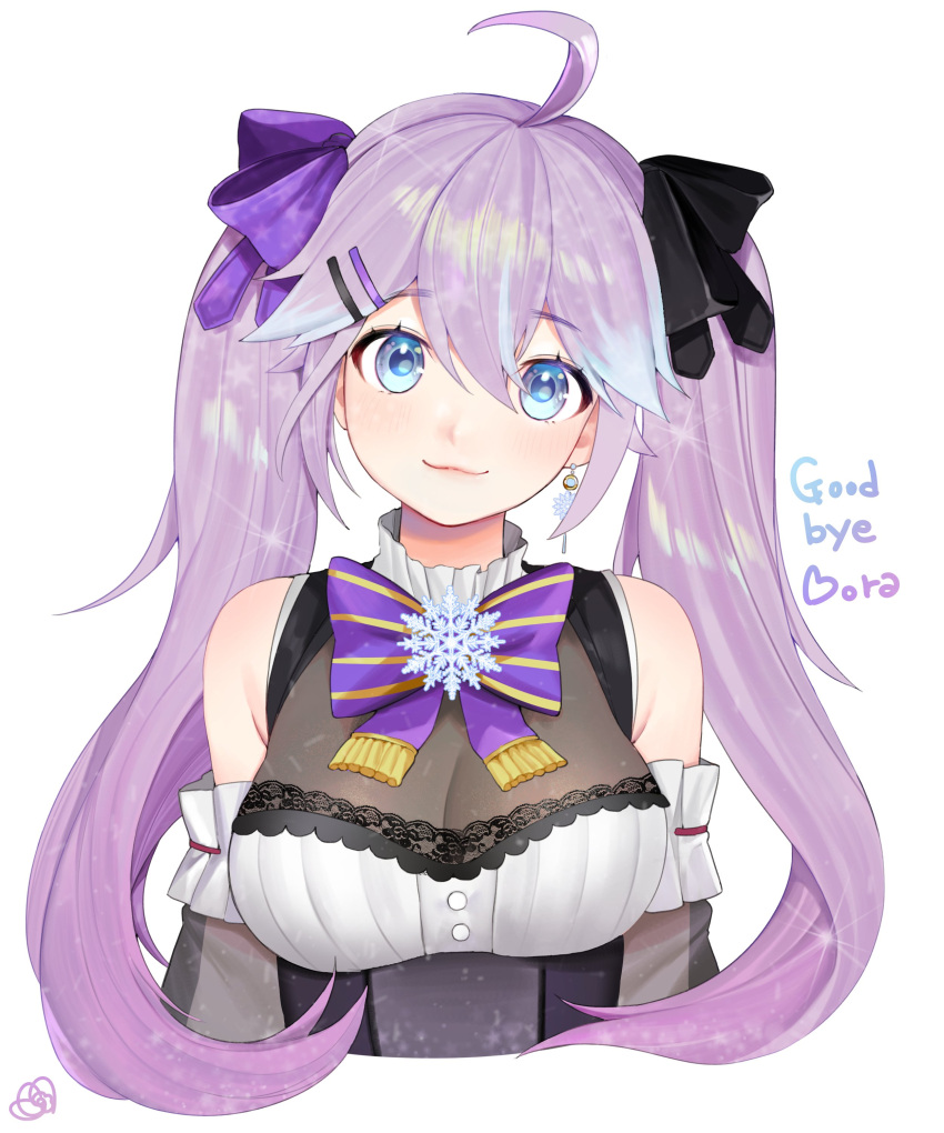 1girl absurdres black_bow blue_eyes blush bow breasts cowlick cropped_torso detached_sleeves earrings hair_bow head_tilt highres jewelry korean_commentary long_hair looking_at_viewer medium_breasts multicolored_hair najjo nijisanji nijisanji_kr nun_bora purple_bow single_earring smile solo streaked_hair twintails upper_body virtual_youtuber white_background