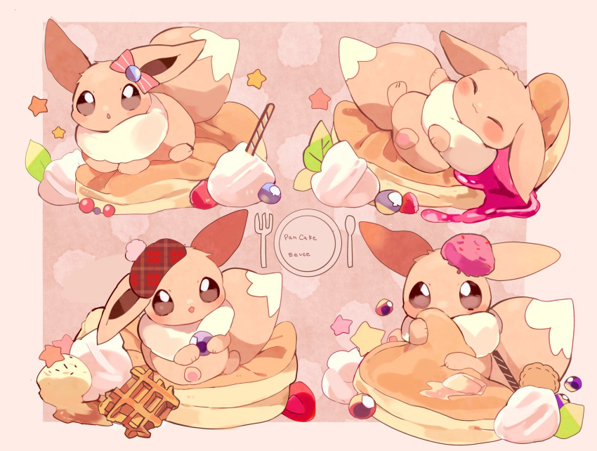 blush border brown_eyes character_name closed_eyes commentary eevee food hat hatted_pokemon highres holding lying no_humans on_back on_food pancake parted_lips pokemon pokemon_(creature) red_headwear tam_o'_shanter waffle yupo_0322