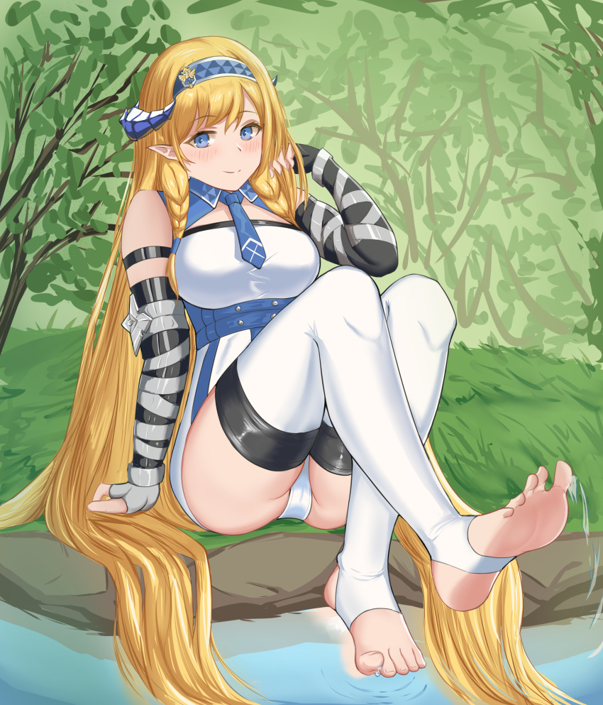 1girl absurdres alinlinlinglin arknights arm_strap arm_support bangs black_gloves blonde_hair blue_eyes blue_hairband blue_necktie blush breasts chinese_commentary commentary_request elbow_gloves eyebrows_visible_through_hair gloves grass hairband hand_up heel-less_legwear highres horns knees_up large_breasts long_hair looking_at_viewer necktie outdoors panties pointy_ears saileach_(arknights) shirt sitting smile solo thigh-highs thighs underwear very_long_hair water white_legwear white_panties white_shirt