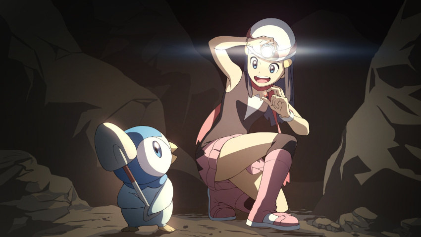 1girl :d absurdres black_hair boots bracelet brown_legwear brown_shirt cave_interior commentary_request gem hair_ornament hairclip headlamp helmet highres hikari_(pokemon) holding jewelry long_hair looking_to_the_side one_knee open_mouth over-kneehighs pink_footwear pink_skirt piplup pokemon pokemon_(creature) pokemon_(game) pokemon_dppt rock shirt shovel sidelocks skirt sleeveless sleeveless_shirt smile superciderx teeth thigh-highs tongue upper_teeth white_headwear