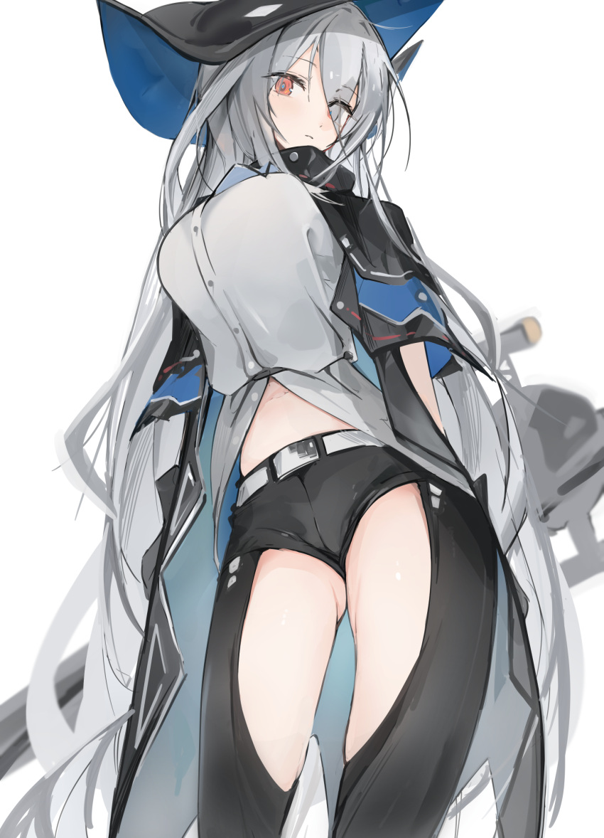 1girl arknights belt black_capelet black_cloak black_gloves black_headwear black_pants blush breasts buttons capelet cloak clothing_cutout collared_shirt commentary dress_shirt eyebrows_visible_through_hair eyes_visible_through_hair feet_out_of_frame gloves grey_belt grey_shirt hair_between_eyes hat highres large_breasts long_hair looking_at_viewer midriff mikojin navel pants parted_lips partially_unbuttoned red_eyes shirt silver_hair simple_background skadi_(arknights) solo sword thigh_cutout thighs two-sided_fabric very_long_hair weapon white_background