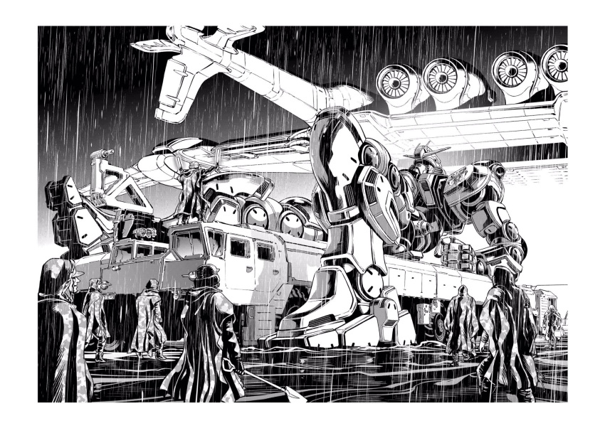 6+others atlas_gundam border clenched_hand greyscale gundam gundam_thunderbolt helmet highres holding light_stick mecha mobile_suit monochrome multiple_others ohtagaki_yasuo rain raincoat science_fiction v-fin white_border