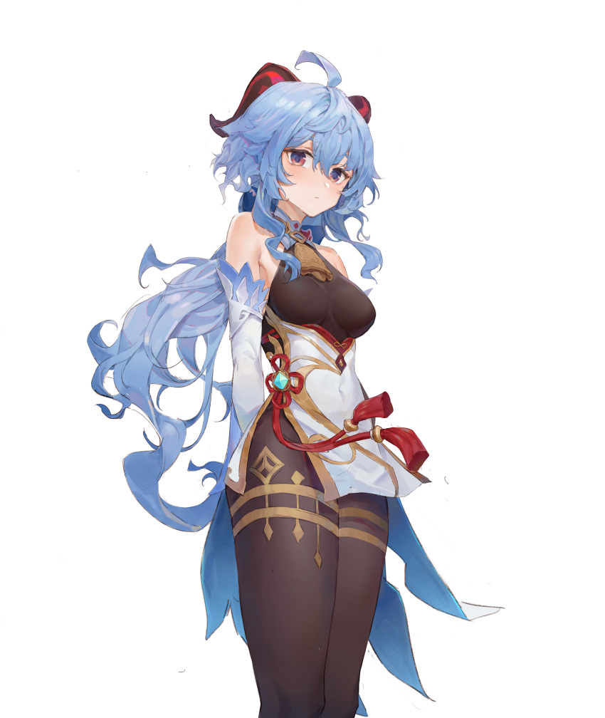 absurdres ahoge bangs bare_shoulders bell black_legwear blue_hair blush breasts chinese_knot curled_horns detached_sleeves flower_knot ganyu_(genshin_impact) genshin_impact gold_trim highres horns long_hair looking_at_viewer medium_breasts multicolored_eyes neck_bell qingshu sidelocks solo standing tassel thighlet vision_(genshin_impact) white_background white_sleeves
