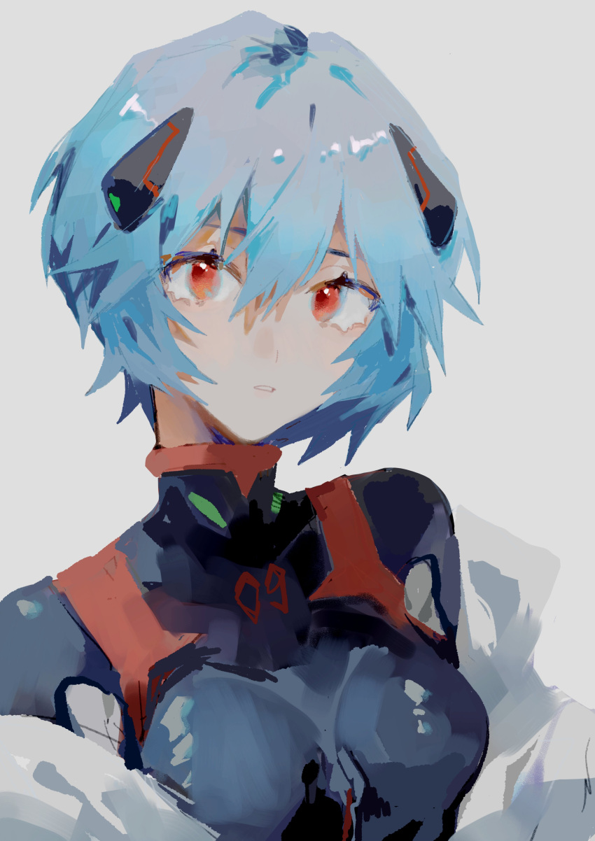 1girl absurdres ayanami_rei bangs black_bodysuit blue_hair bodysuit breasts evangelion:_3.0+1.0_thrice_upon_a_time faux_traditional_media hair_between_eyes hair_ornament highres looking_at_viewer medium_breasts mogutofuoes neon_genesis_evangelion open_mouth parted_lips plugsuit rebuild_of_evangelion red_eyes short_hair sidelocks simple_background solo upper_body white_background