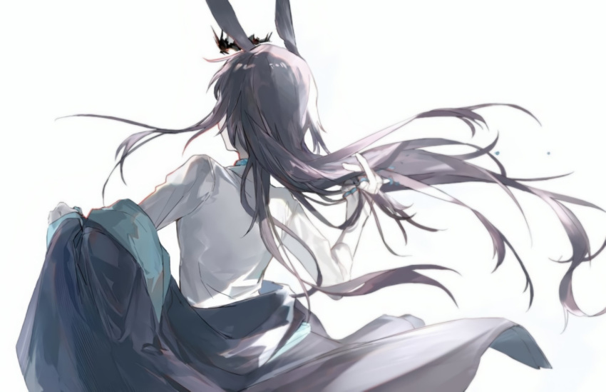 1girl amiya_(arknights) animal_ears arknights black_coat black_hair blue_choker cheonyeon-hi choker coat commentary_request crown from_behind highres jewelry korean_commentary long_hair long_sleeves multiple_rings off_shoulder open_clothes open_coat rabbit_ears ring shirt simple_background solo upper_body white_background white_shirt