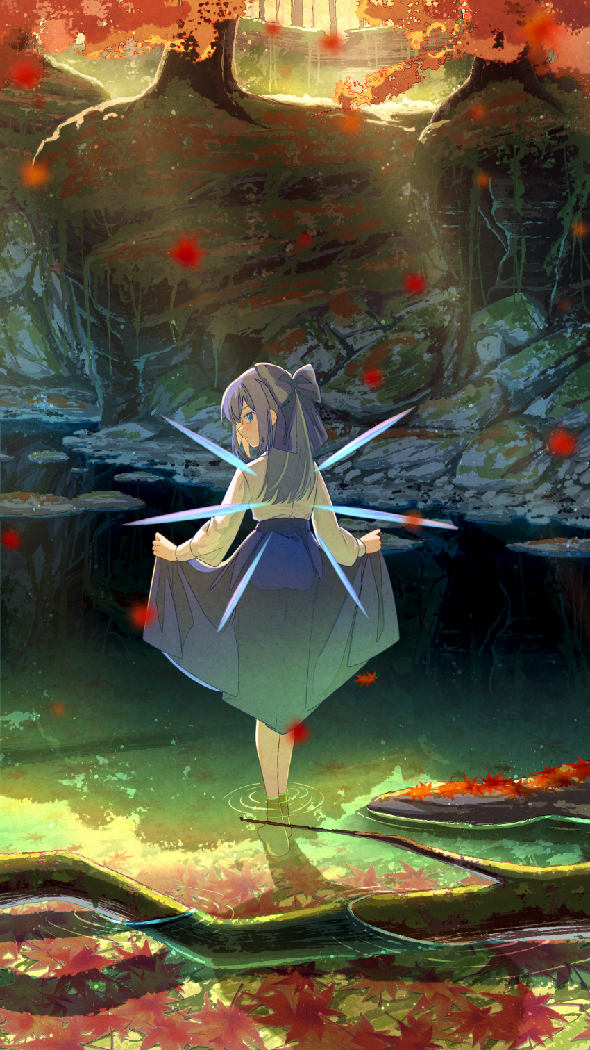 1girl absurdres autumn blue_bow blue_eyes blue_hair bow cirno clothes_lift falling_leaves hair_bow highres jiege leaf lifted_by_self looking_back moss scenery skirt skirt_lift solo touhou water