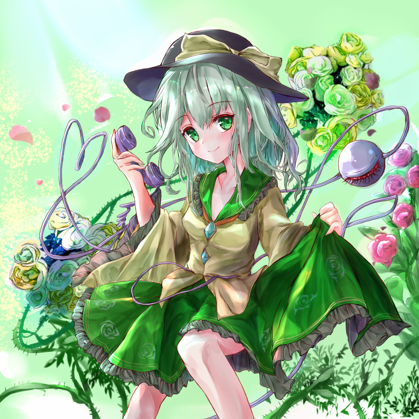1girl absurdres bangs blush closed_mouth feet_out_of_frame floral_print flower green_eyes green_flower green_hair green_rose hat heart heart_of_string highres ikazuchi_akira komeiji_koishi long_hair looking_at_viewer pink_flower pink_rose plant rose simple_background skirt_hold smile solo third_eye thorns touhou vines wide_sleeves