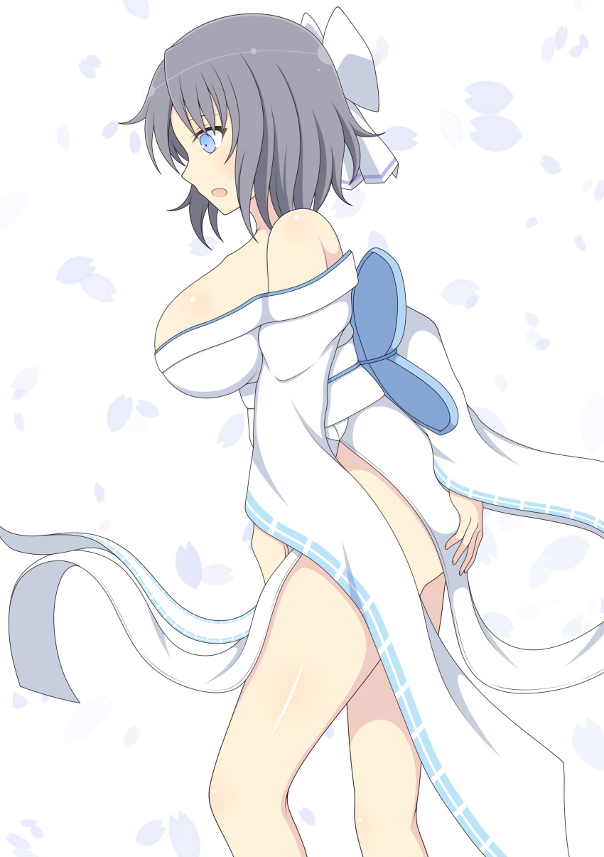 1girl absurdres bare_shoulders bow breasts grey_hair hair_bow highres ichiryuu_tsumiki japanese_clothes kimono large_breasts light_blue_eyes looking_to_the_side obi off-shoulder_kimono petals ribbon-trimmed_kimono sash senran_kagura shiny shiny_skin short_hair solo white_bow white_kimono wide_sleeves yumi_(senran_kagura)