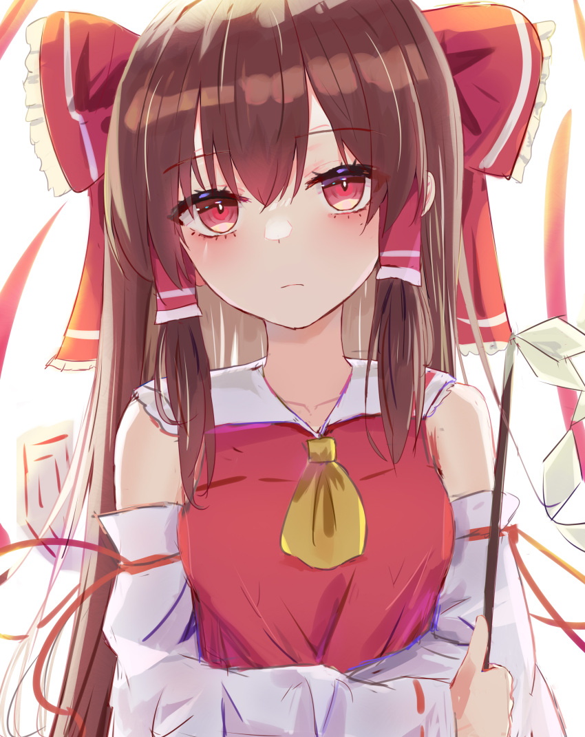 1girl absurdres ascot bangs bare_shoulders blush bow breasts brown_hair closed_mouth crossed_arms detached_sleeves dress eyebrows_visible_through_hair eyes_visible_through_hair frills gohei hair_between_eyes hair_ornament hair_tubes hakurei_reimu highres long_hair long_sleeves looking_away lshiki medium_breasts ofuda red_bow red_dress red_eyes simple_background solo tape touhou upper_body white_background wide_sleeves yellow_ascot