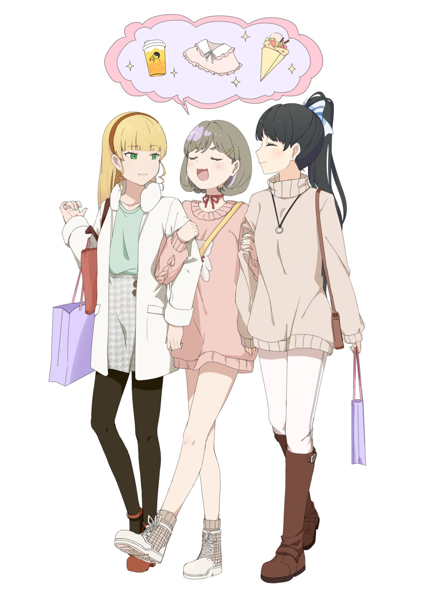 3girls absurdres bag black_legwear boots bow bow_choker brown_footwear brown_hair brown_sweater choker closed_eyes green_shirt hair_behind_ear handbag hazuki_ren heanna_sumire high_heels highres holding_another's_arm jacket jewelry long_hair love_live! love_live!_superstar!! multiple_girls necklace pants pantyhose parted_lips pink_sweater purple_bag red_bow red_choker shirt shirt_tucked_in shopping_bag skirt smile sparkle speech_bubble sweater tang_keke very_long_hair walking white_jacket white_pants white_skirt wz_(52889)