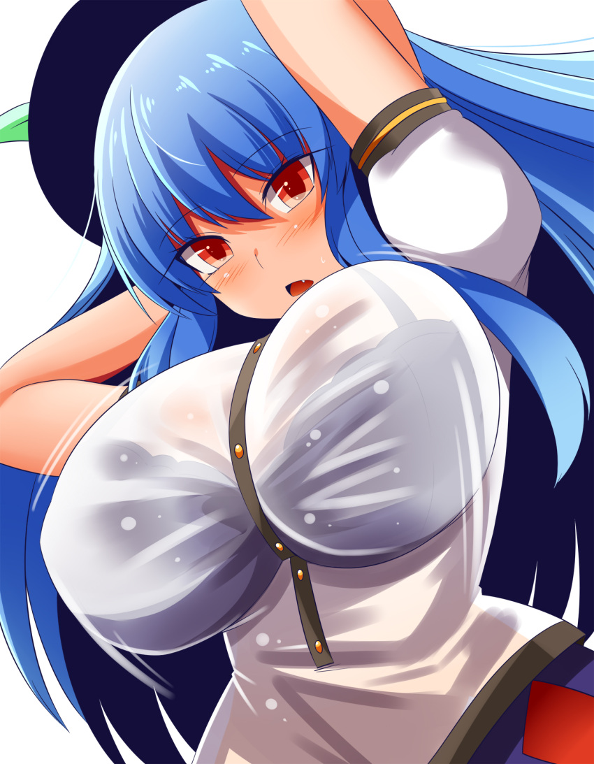 1girl blouse blue_hair blue_skirt bow breasts buttons food frills fruit hat highres hinanawi_tenshi large_breasts long_hair peach puffy_short_sleeves puffy_sleeves red_eyes shirt short_sleeves skirt solo touhou white_blouse white_shirt xialu_zajin