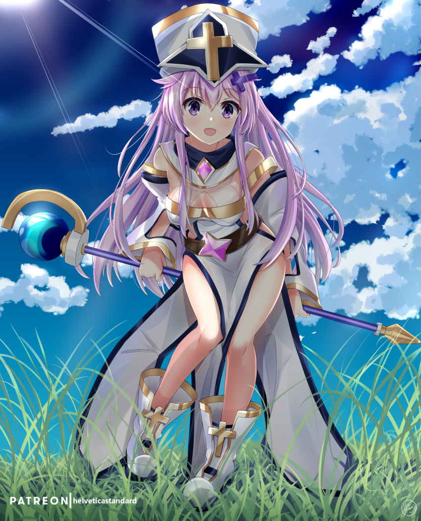 1girl belt blush breasts clouds cloudy_sky commentary_request day dress eyebrows_visible_through_hair grass hair_between_eyes helvetica_std highres holding holding_staff light_rays looking_at_viewer medium_breasts nepgear neptune_(series) open_mouth outdoors patreon_username purple_hair sky solo staff violet_eyes white_dress white_footwear white_headwear