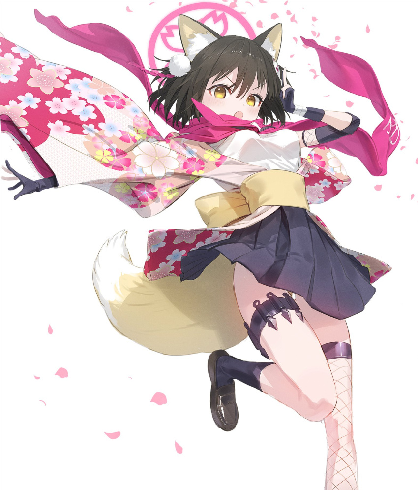 1girl :o animal_ear_fluff animal_ears asymmetrical_legwear bangs black_gloves black_hair black_skirt blue_archive blush breasts cherry_blossoms detached_sleeves fishnet_legwear fishnets floral_print foot_out_of_frame fox_ears fox_tail gloves hair_ornament halo highres holster izuna_(blue_archive) japanese_clothes kimono kunai loafers looking_at_viewer mismatched_legwear obi partially_fingerless_gloves pleated_skirt pom_pom_(clothes) pom_pom_hair_ornament sash scarf shirt shoes short_hair simple_background skirt small_breasts solo tail thigh_holster v-shaped_eyebrows wasabi60 weapon white_background white_shirt wide_sleeves