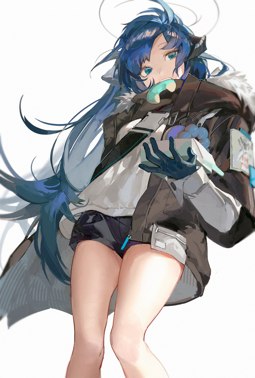 1girl arknights bangs bare_legs black_gloves black_jacket black_shorts box breasts demon_horns doughnut feet_out_of_frame food from_below fur-trimmed_jacket fur_trim gloves halo highres holding holding_box horns jacket long_hair long_sleeves looking_at_viewer looking_down mostima_(arknights) mouth_hold open_clothes open_jacket pastry_box peikepeike shirt short_shorts shorts simple_background small_breasts solo standing very_long_hair white_background white_shirt