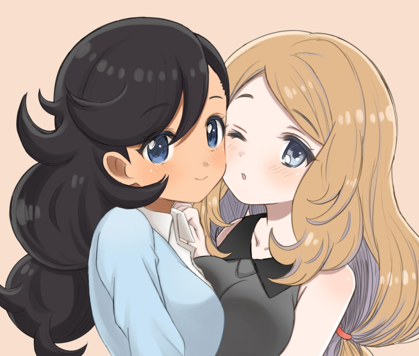 2girls bare_arms blue_eyes blue_sweater blush breasts closed_mouth collarbone collared_shirt commentary_request curly_hair emma_(pokemon) hand_up highres long_hair multiple_girls nasakixoc one_eye_closed pokemon pokemon_(game) pokemon_xy serena_(pokemon) shirt sleeveless sleeveless_shirt smile sweater upper_body white_shirt