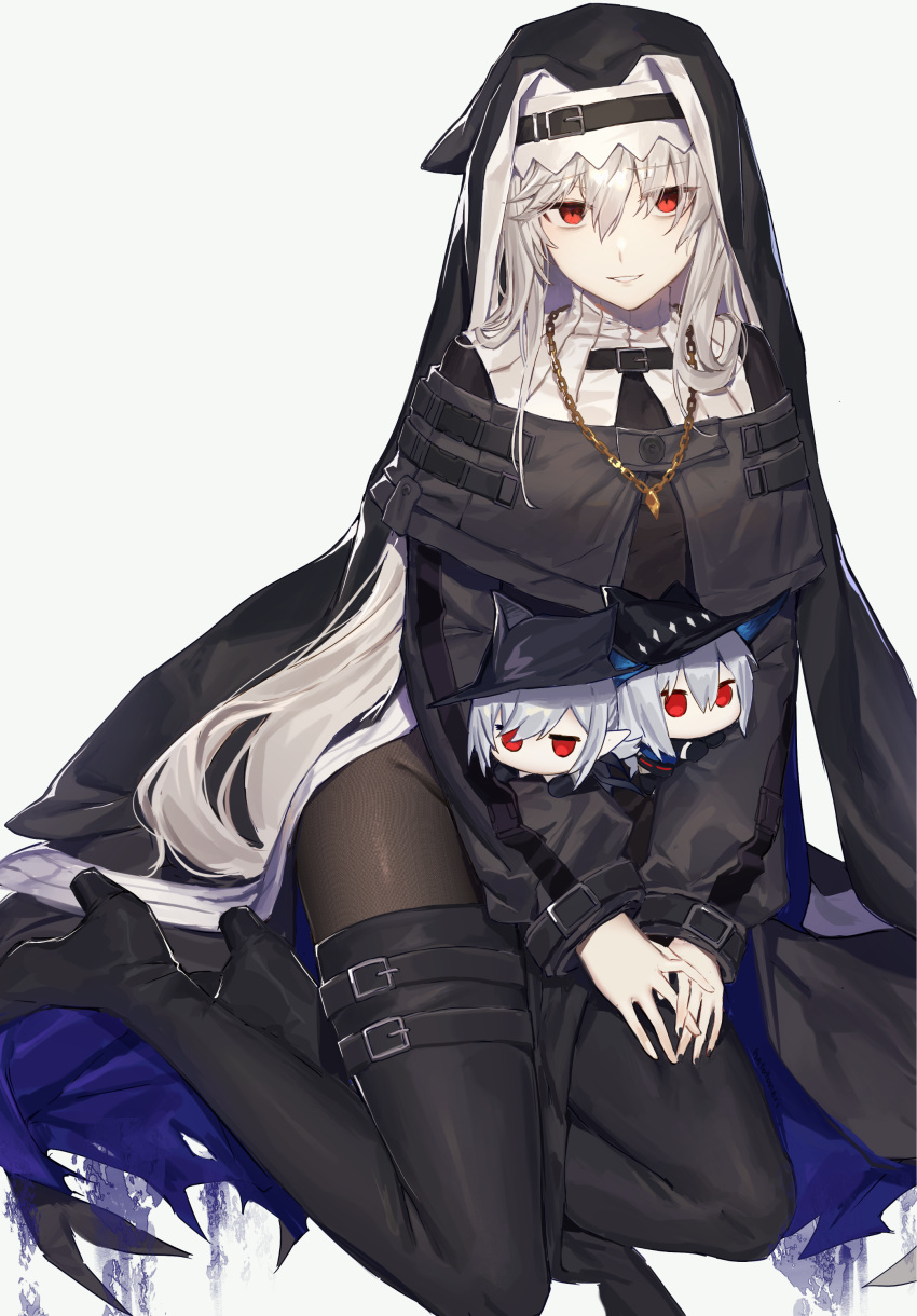 1girl absurdres arknights boots eyebrows_visible_through_hair gladiia_(arknights) grey_hair habit hair_between_eyes hat hatotonaru high_heel_boots high_heels highres jewelry long_sleeves looking_at_viewer necklace nun pantyhose parted_lips pointy_ears red_eyes simple_background sitting skadi_(arknights) solo specter_(arknights) teeth thigh-highs thigh_boots white_background