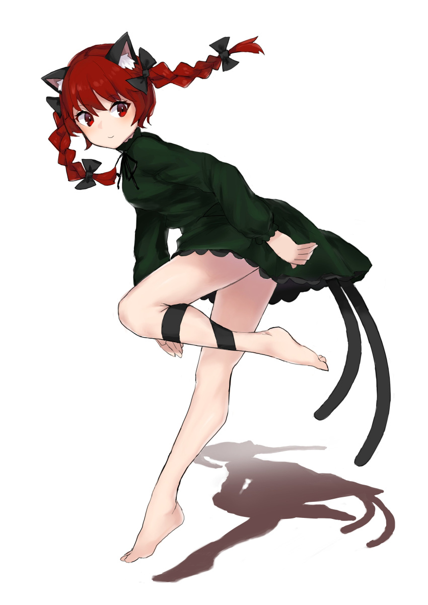 1girl absurdres animal_ear_fluff animal_ears barefoot bow braid cat_ears cat_tail commentary dress green_dress highres jumping kaenbyou_rin leg_ribbon looking_back matinmorgen multiple_tails nekomata red_eyes redhead ribbon shadow slit_pupils solo subterranean_animism tail touhou twin_braids white_background