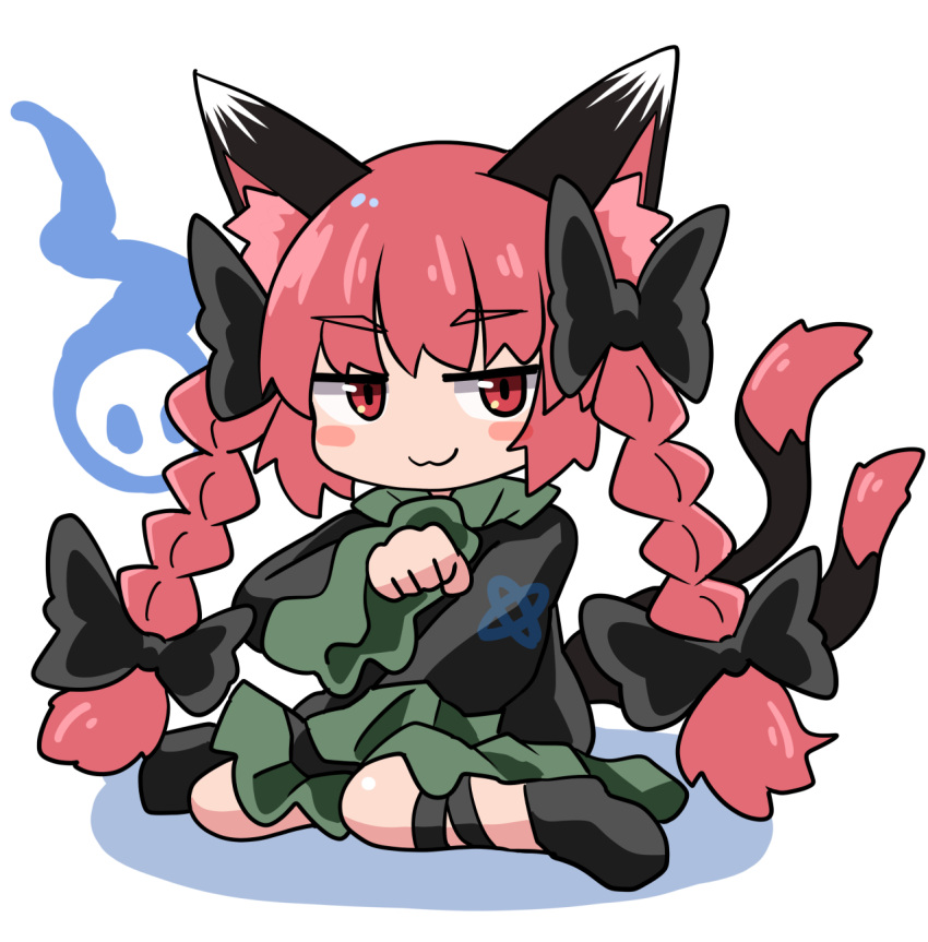 1girl :3 animal_ear_fluff animal_ears blush bow braid cat_ears cat_tail chibi chups clenched_hand dress ghost green_dress highres hitodama kaenbyou_rin multiple_tails paw_pose red_eyes redhead shadow sitting skull slit_pupils solo tail touhou twin_braids white_background