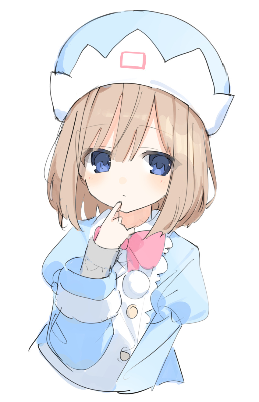 1girl absurdres blue_coat blue_eyes blue_headwear blush bow bowtie brown_hair buran_buta buttons coat hair_between_eyes hat highres looking_at_viewer medium_hair neptune_(series) pink_bow pink_bowtie pom_pom_(clothes) rom_(neptune_series) simple_background sketch smile solo upper_body white_background