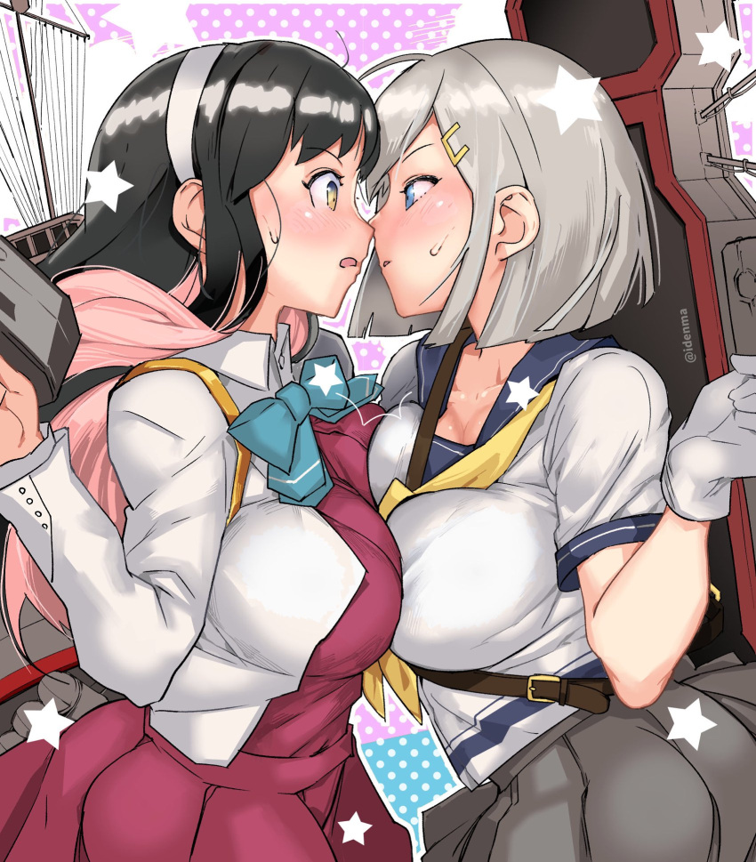 2girls adapted_turret black_hair blazer blue_bow blue_bowtie blue_eyes blue_sailor_collar bow bowtie breast_press breasts cannon dress eye_contact gloves grey_skirt hair_ornament hair_over_one_eye hairclip hamakaze_(kancolle) highres igarasy jacket kantai_collection large_breasts long_hair looking_at_another machinery multicolored_hair multiple_girls naganami_(kancolle) pink_hair pleated_dress pleated_skirt purple_dress remodel_(kantai_collection) sailor_collar school_uniform serafuku short_hair silver_hair skirt symmetrical_docking turret white_gloves white_hair yellow_eyes