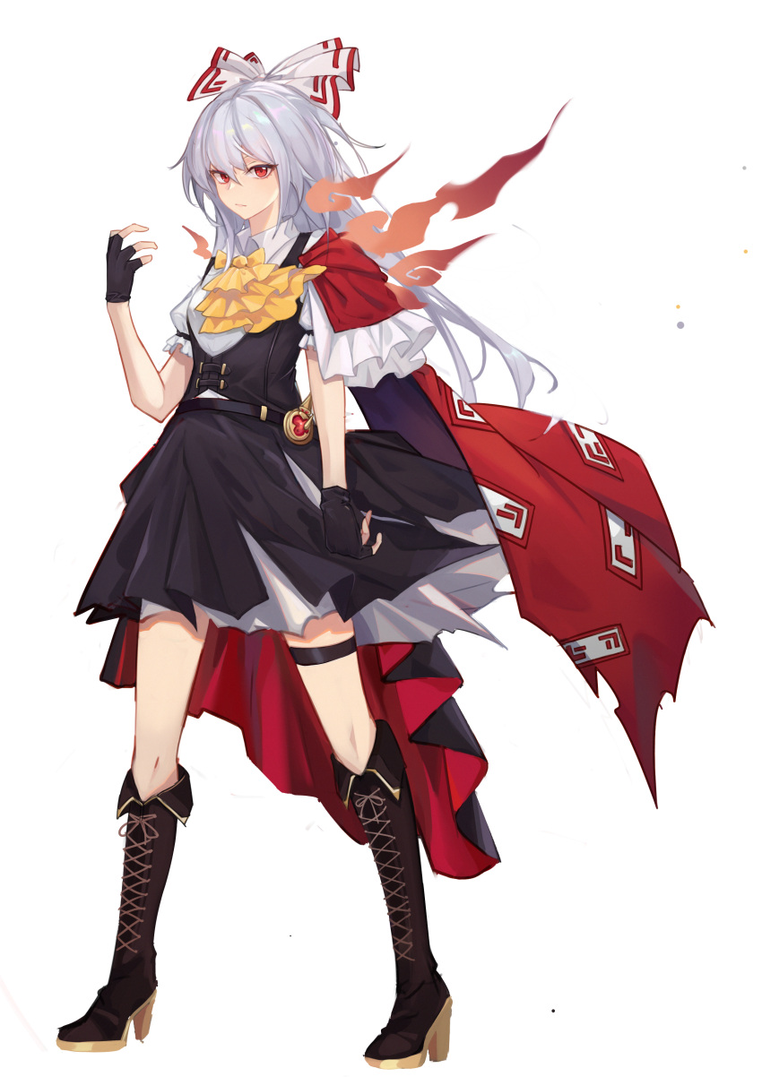 1girl absurdres adapted_costume alternate_costume ascot bangs black_gloves black_skirt black_vest boots bow bowtie brown_footwear cape fingerless_gloves fire fujiwara_no_mokou gloves highres hime_cut knee_boots long_hair ofuda ofuda_on_clothes red_cape red_eyes shirt sidelocks simple_background skirt solo thigh_strap touhou very_long_hair vest white_background white_hair white_shirt yellow_neckwear yongzhe_mei_hong