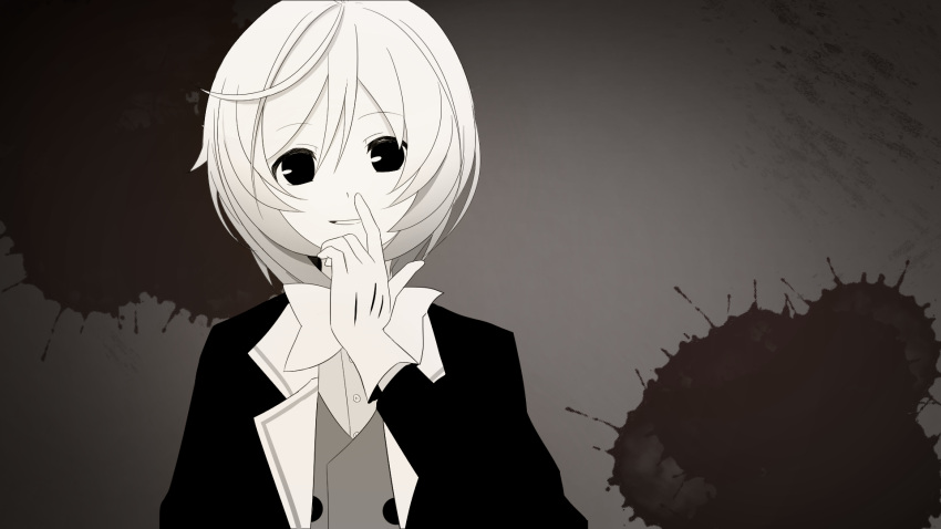 1girl bangs blood blood_splatter bow choco_(chocovix112) dennou_shoujo_youtuber_siro eyebrows_visible_through_hair gloves greyscale hair_between_eyes hand_up highres jacket long_sleeves looking_at_viewer monochrome open_clothes open_jacket parted_bangs parted_lips short_hair siro_(dennou_shoujo_youtuber_siro) solo vest virtual_youtuber