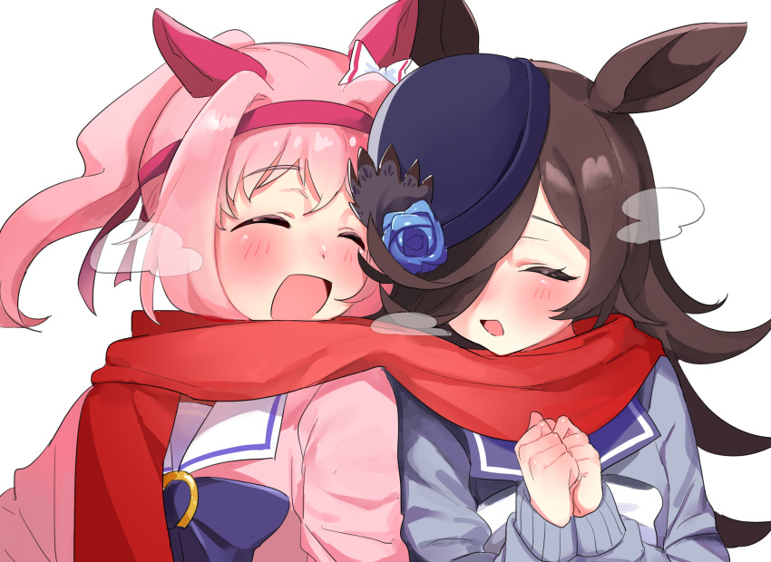 2girls animal_ears bangs blue_flower blue_rose blush breath brown_hair closed_eyes commentary_request ear_bow ear_covers facing_another flower hair_over_one_eye haru_urara_(umamusume) headband highres horse_ears long_sleeves multiple_girls open_mouth own_hands_together pink_hair pink_shirt piyon_(pyon_piiii) ponytail purple_shirt red_scarf rice_shower_(umamusume) rose sailor_collar scarf shared_scarf shirt simple_background smile umamusume upper_body white_background