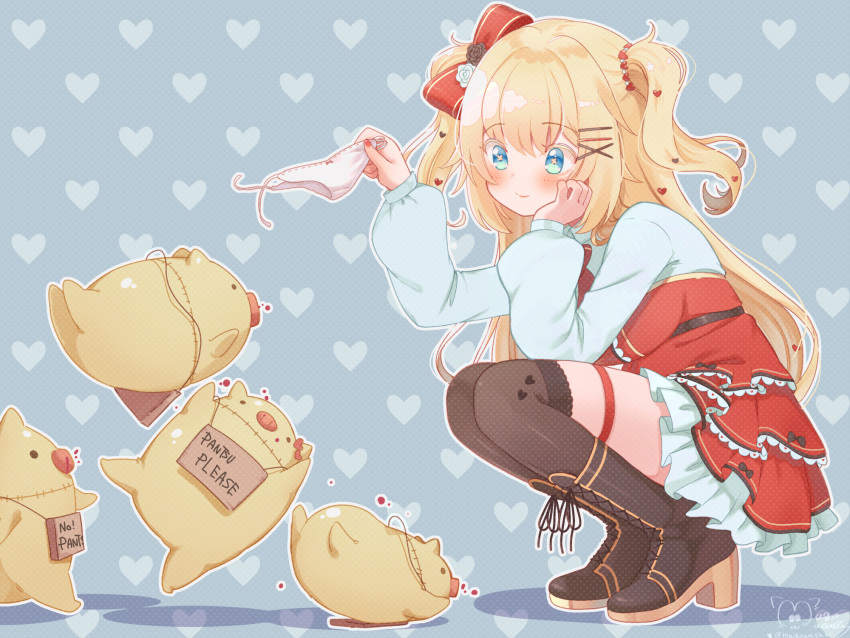 1girl akai_haato bangs blonde_hair blue_eyes blush boots bow brown_footwear brown_legwear closed_mouth commentary_request dress eyebrows_visible_through_hair frilled_dress frills haaton_(akai_haato) hair_bow hair_ornament hairclip heart heart_background heart_hair_ornament high_heel_boots high_heels highres holding holding_clothes holding_panties holding_underwear hololive knee_boots layered_dress long_hair long_sleeves magowasabi panties panties_removed puffy_long_sleeves puffy_sleeves red_bow red_dress smile solo squatting thigh-highs thigh_strap two_side_up underwear virtual_youtuber white_panties x_hair_ornament