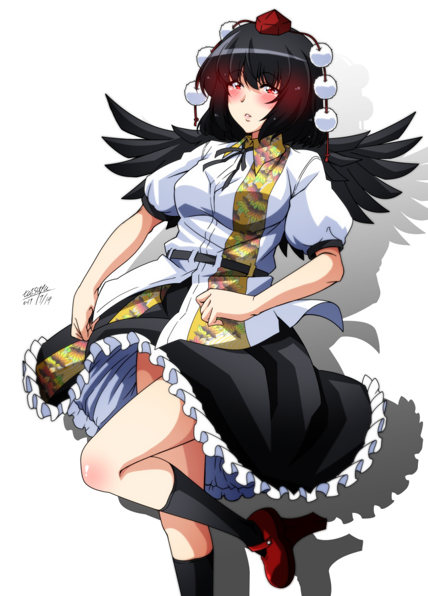 1girl bangs belt bird_wings black_belt black_hair black_legwear black_neckwear black_ribbon black_wings blush breasts closed_mouth collared_shirt commentary_request dated eyebrows_visible_through_hair eyelashes feathered_wings frilled_skirt frills geta hat highres knees large_breasts leaf-pattern_stripe lips pom_pom_(clothes) puffy_short_sleeves puffy_sleeves red_eyes red_footwear ribbon shadow shameimaru_aya shirt short_hair short_sleeves signature simple_background skirt socks solo standing standing_on_one_leg tatsuya_(guild_plus) tengu-geta tokin_hat touhou white_background white_shirt wing_collar wings