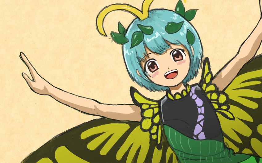 1girl antennae aqua_hair bad_id bad_twitter_id blush brown_eyes butterfly_wings dress eternity_larva eyebrows_visible_through_hair fairy green_dress hair_between_eyes kusama_takato leaf leaf_on_head multicolored_clothes multicolored_dress one-hour_drawing_challenge open_mouth short_hair short_sleeves single_strap smile solo teeth third-party_source touhou upper_body upper_teeth wings