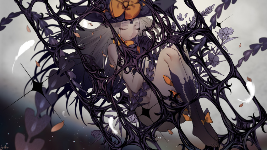 1girl abigail_williams_(fate) abigail_williams_(swimsuit_foreigner)_(fate) arisu_(wangyunqiu) bare_shoulders bow closed_eyes fate/grand_order fate_(series) hat hat_bow highres keyhole long_hair multiple_bows orange_bow pale_skin polka_dot polka_dot_bow solo tentacles third_eye very_long_hair witch_hat