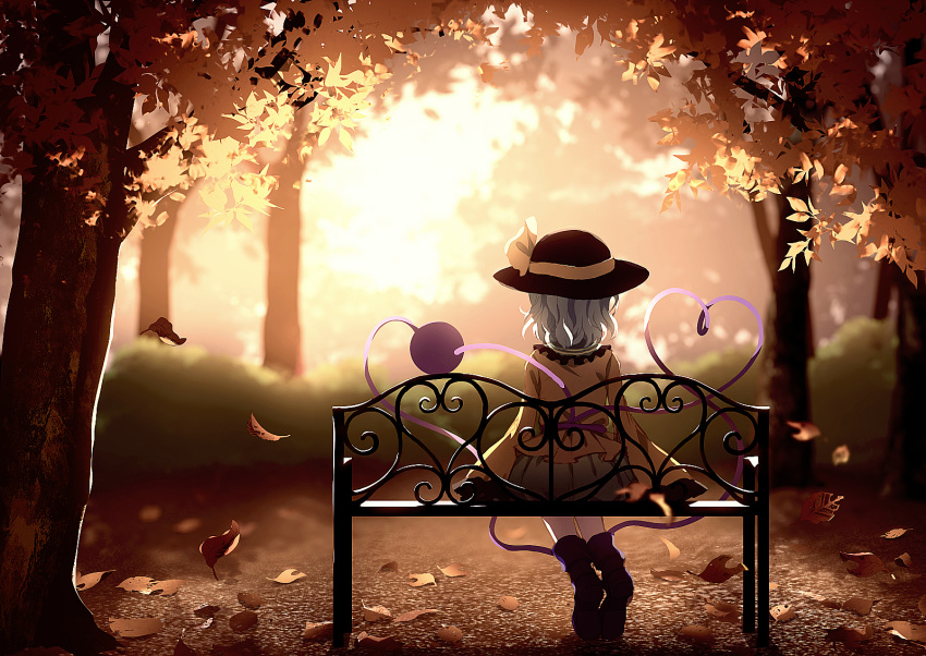 1girl autumn back bench black_footwear black_headwear blouse boots bush dise frills green_skirt grey_hair hat hat_ribbon heart highres komeiji_koishi leaf light long_sleeves looking_to_the_side ribbon scenery shadow short_hair silhouette sitting skirt sky solo sun sunlight third_eye touhou tree wavy_hair white_sky wide_sleeves yellow_blouse yellow_ribbon