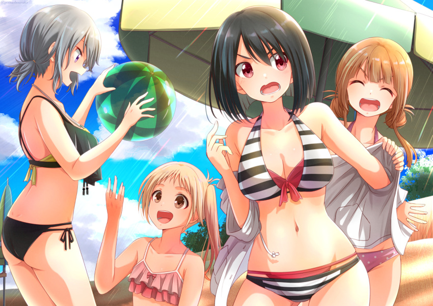 4girls :d :o ass ball beach beach_umbrella beachball bikini black_bikini black_hair blonde_hair blue_sky breasts brown_hair clouds eye_contact facing_viewer frilled_bikini frills gomashio_star grey_hair large_breasts looking_at_another medium_hair multiple_girls navel original outdoors side_ponytail sky smile striped striped_bikini sunlight swimsuit twintails umbrella undressing