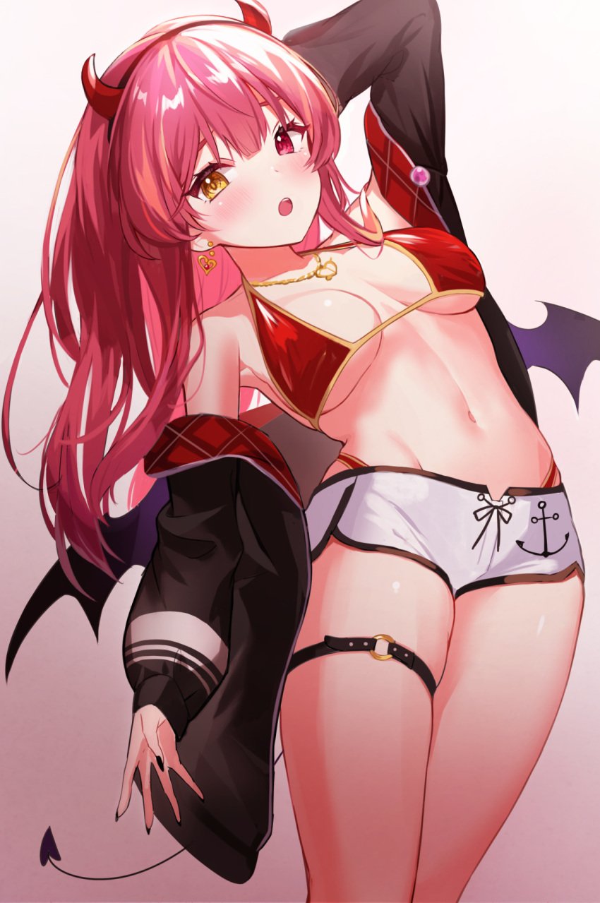 1girl :o arm_behind_head bangs bikini black_jacket black_nails blush breasts demon_horns demon_tail demon_wings dolphin_shorts earrings fake_horns gold_trim heart heart_earrings heart_necklace heterochromia highres hololive horns houshou_marine jacket jewelry kiki-yu long_hair medium_breasts navel off_shoulder open_mouth red_bikini red_eyes redhead shorts solo straight_hair swimsuit tail thigh_strap virtual_youtuber wings yellow_eyes