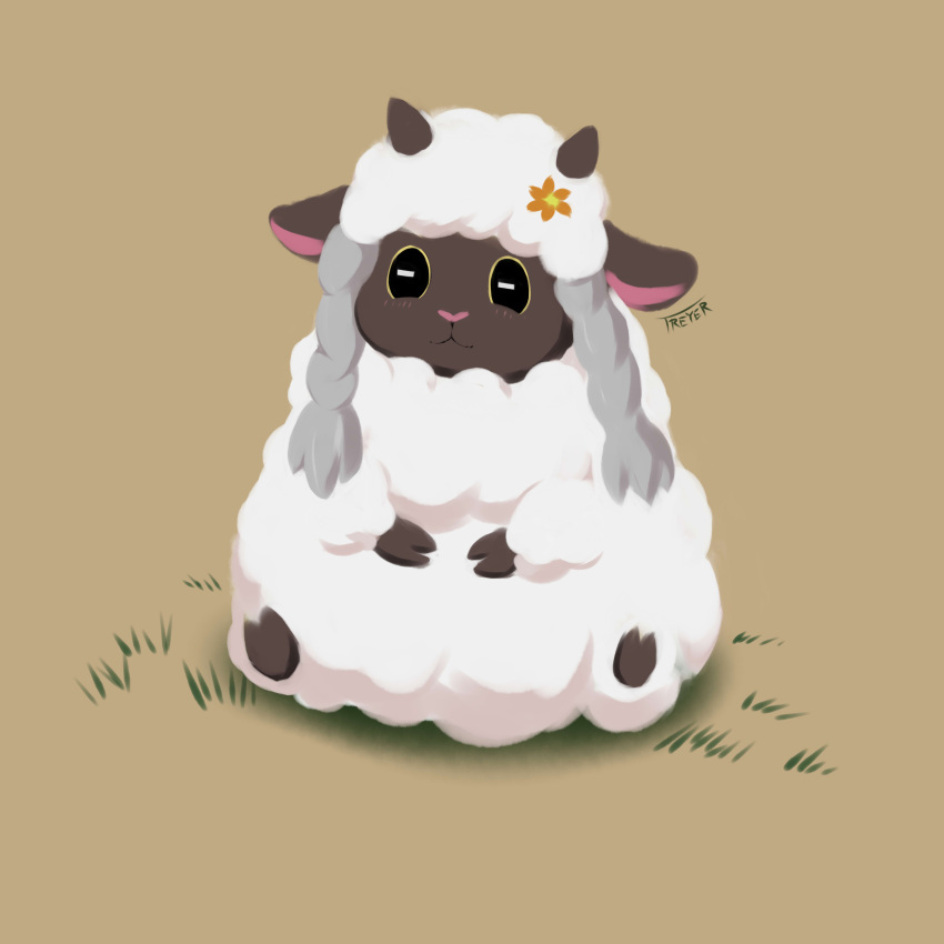 :3 absurdres artist_name closed_mouth commentary_request flower grass hair_flower hair_ornament highres no_humans pokemon pokemon_(creature) pokemon_(game) pokemon_swsh sidelocks simple_background sitting solo treyer wooloo