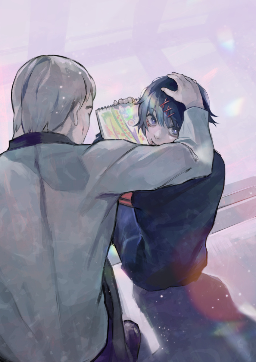 2boys bangs black_eyes black_hair black_jacket drawing from_behind grey_background grey_hair hair_ornament hand_on_another's_head highres holding jacket kyuuba_melo long_sleeves looking_at_another looking_back multiple_boys short_hair sitting smile stitches suzuya_juuzou tokyo_ghoul x_hair_ornament