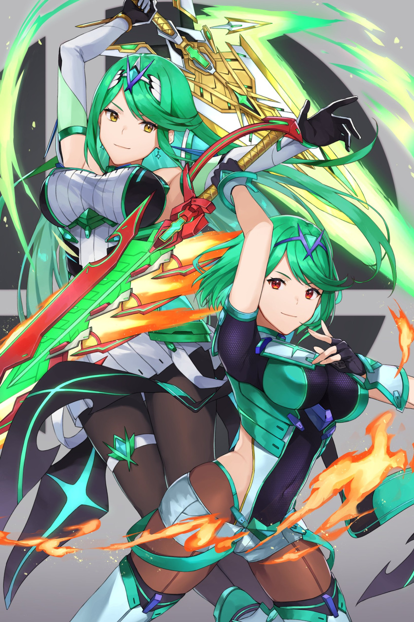 2girls absurdres bangs bare_shoulders black_gloves breasts chest_jewel commentary dress earrings elbow_gloves fingerless_gloves gloves highres jewelry kamu_(kamuuei) large_breasts long_hair multiple_girls mythra_(massive_melee)_(xenoblade) mythra_(xenoblade) pneuma_(xenoblade) pyra_(xenoblade) red_eyes short_dress short_hair short_shorts shorts super_smash_bros. swept_bangs symbol-only_commentary thigh-highs tiara very_long_hair white_dress white_gloves xenoblade_chronicles_(series) xenoblade_chronicles_2 yellow_eyes