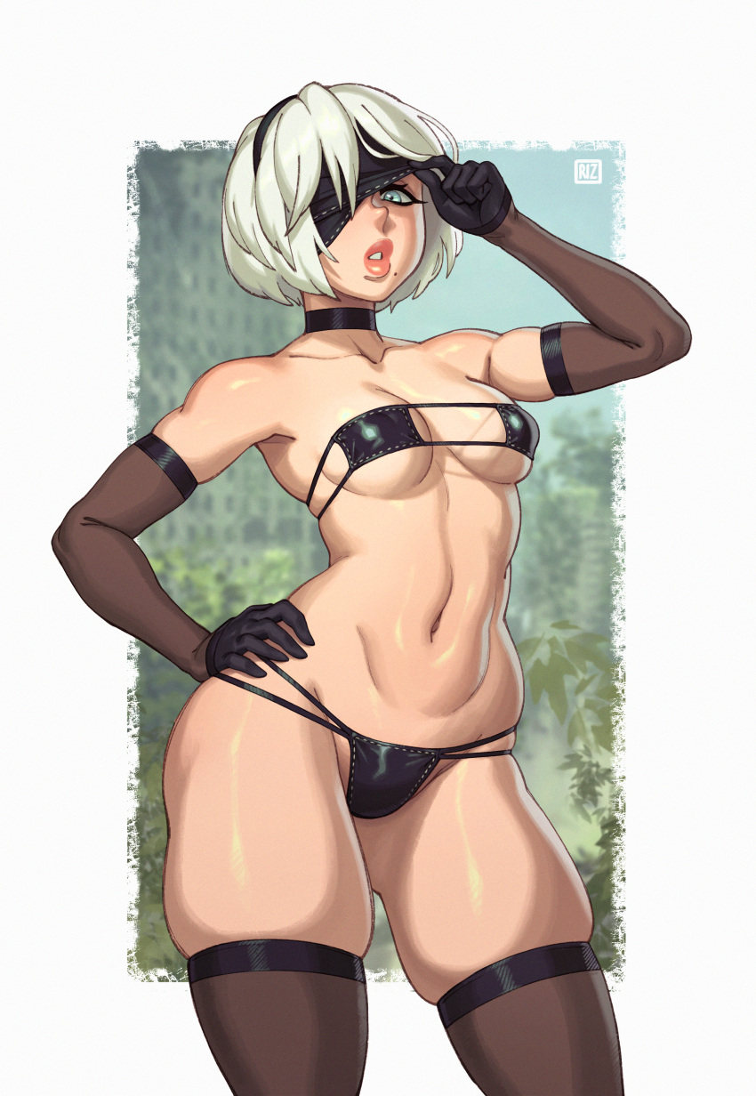 1girl absurdres bikini black_bikini black_legwear breasts covered_nipples elbow_gloves eyepatch eyepatch_bikini eyepatch_lift gloves hairband hand_on_hip highres looking_at_viewer medium_breasts mole mole_under_mouth navel nier_(series) nier_automata o3o parted_lips riz short_hair skindentation solo stomach swimsuit thigh-highs thighs toned yorha_no._2_type_b